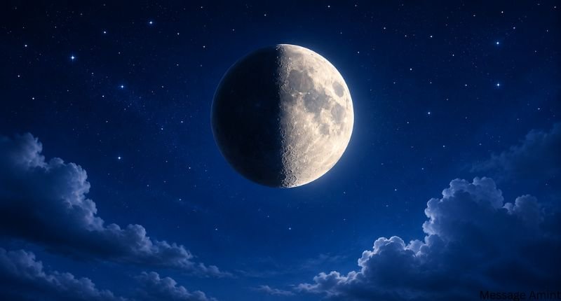 First quarter moon shining in a clear starry night sky with soft clouds, showing half of the moon illuminated against a deep blue background.