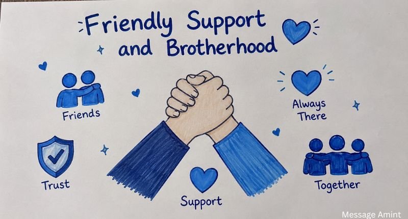A simple hand-drawn poster titled "Friendly Support and Brotherhood" featuring two clasped hands in the center, surrounded by blue icons for friendship, trust, support, togetherness, and caring. The clean white background and sketch-style artwork highlight the meaning of the blue heart emoji as a symbol of dependable friendship, unity, and brotherhood.