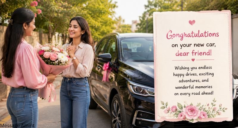 Girl congratulating her friend with a flower bouquet beside a new car and a heartfelt friendship message.