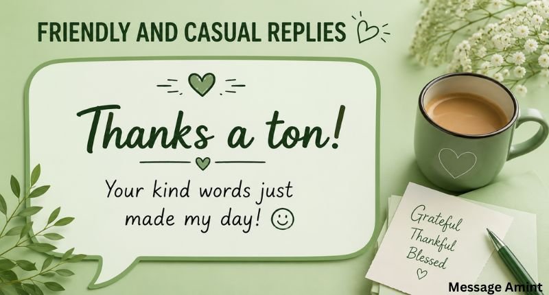 Friendly and Casual Replies with a warm "Thanks a ton! Your kind words just made my day!" message on a light green background featuring a coffee mug and floral decorations.