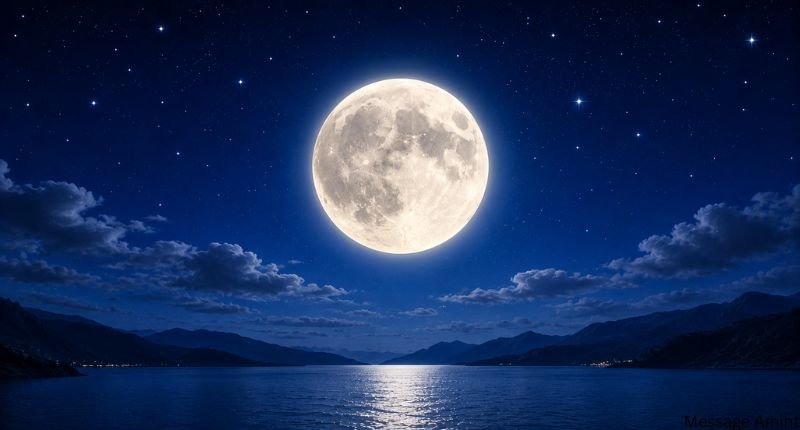 Bright full moon glowing in a clear starry night sky above a calm lake, with soft clouds and moonlight reflecting on the water.