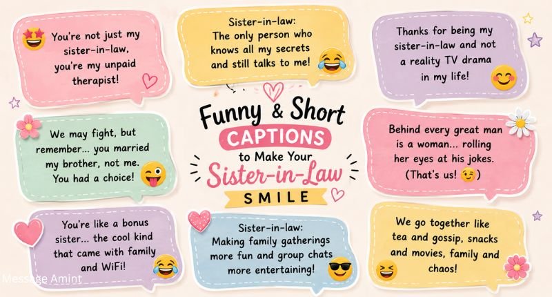 Funny and short captions message for sister-in-law with colorful speech bubbles