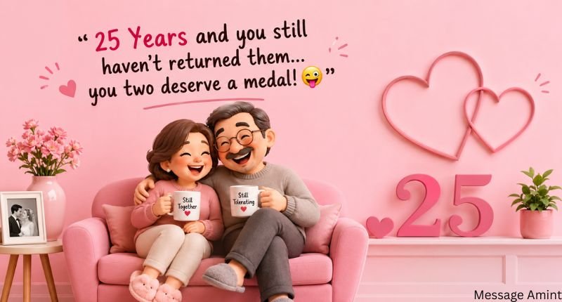 Funny 25th wedding anniversary illustration with a happy parents couple sitting together on a pink sofa, smiling and holding mugs. A light pink background features heart decorations, a playful anniversary quote at the top, and a large "25" on the right, creating a cheerful and heartwarming celebration theme.