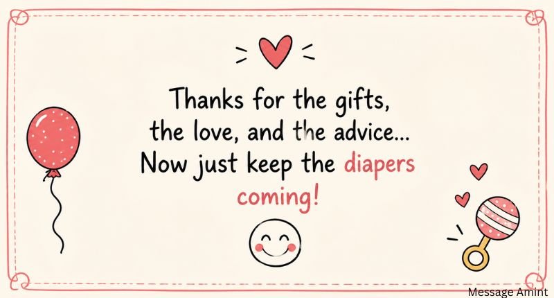 Funny baby shower thank you message quote card with playful baby-themed doodles and a humorous thank you quote.