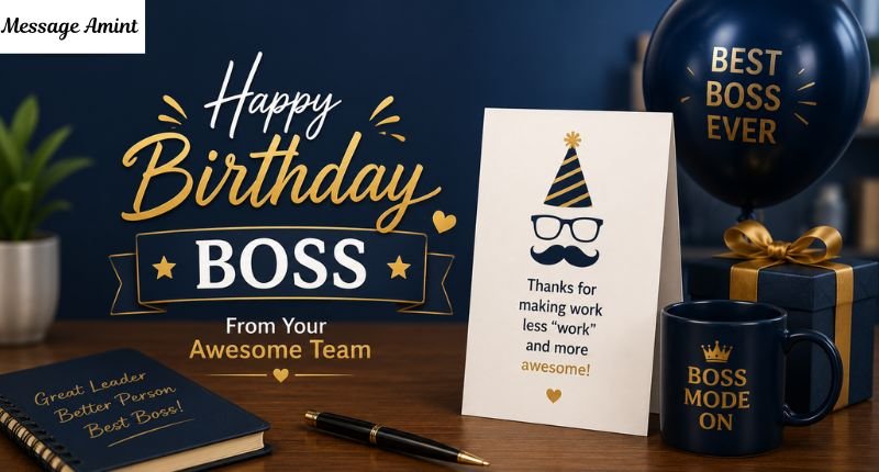 Happy Birthday Boss wishes from team banner with greeting card and Best Boss Ever balloon
