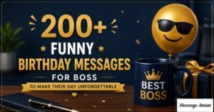 200+ Funny Birthday Messages for Boss banner with a Best Boss mug and sunglasses emoji balloon