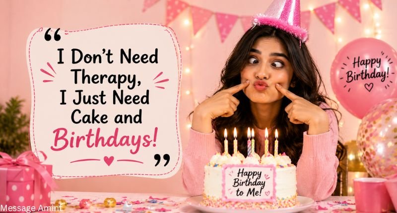 Girl making a funny facial expression beside her birthday cake with colorful balloons and a festive birthday party background.