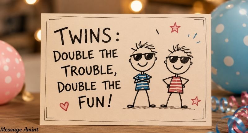 Funny birthday-themed illustration of twin babies with colorful balloons and a playful birthday quote celebrating double the fun.