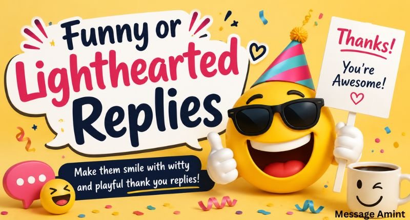 Funny or lighthearted replies to congratulations with cheerful thank you card and playful celebration illustration