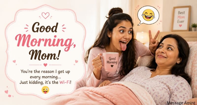 Funny daughter making silly faces while wishing her mother Good Morning, creating a cheerful family moment with a humorous morning quote.