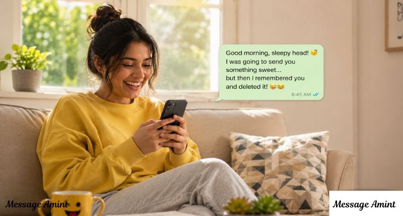 Young woman laughing while sending a funny good morning message to her friend on a smartphone in a cozy sunlit living room.