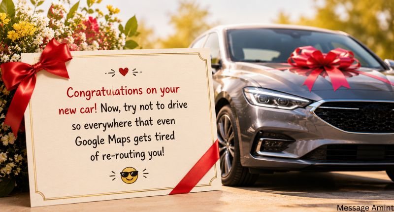 Funny new car congratulations quote card with a car background and a humorous congratulatory message.