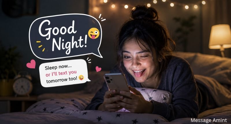 Funny Good Night Messages for WhatsApp showing a cheerful girl laughing while sending a funny bedtime message on WhatsApp.