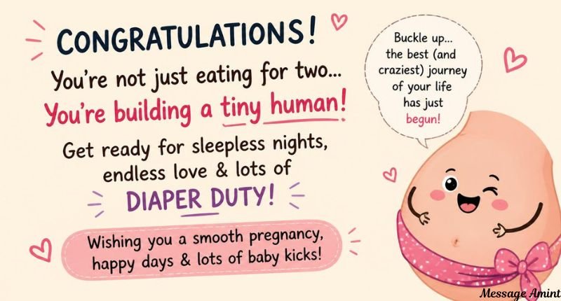 Funny pregnancy congratulations messages card featuring a cute winking baby bump cartoon illustration.