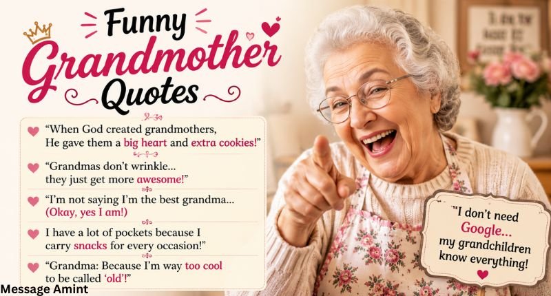 Funny Grandmother Quotes with a cheerful grandma smiling and a humorous quote about being a grandmother.