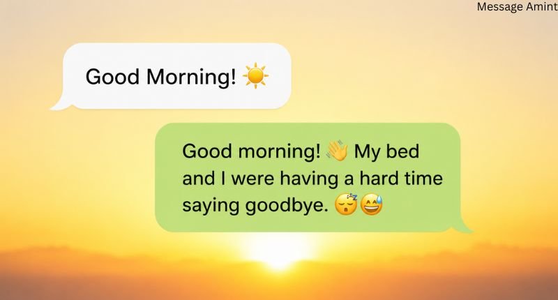 Funny good morning text response shown in colorful chat bubbles with a cheerful sunrise background.