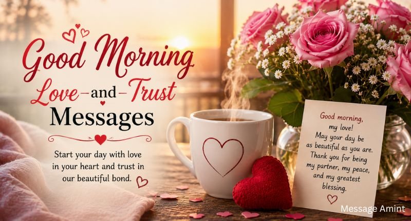 Good Morning Love and Trust Messages with sunrise view, coffee cup, pink roses, love note, and warm romantic morning setting.