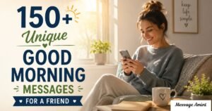 Good morning messages for a friend banner showing a cheerful woman checking her phone beside a coffee mug in a warm morning setting.