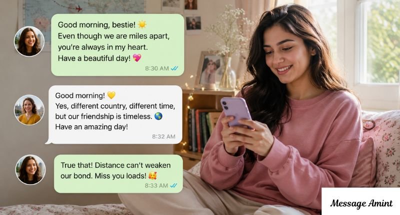 Young woman sending a good morning message to her long-distance friend on a smartphone while chatting across countries in a cozy bedroom.