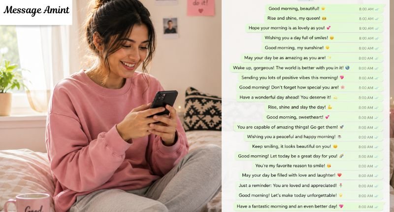 Woman filling her friend's chat with sweet good morning messages to brighten her day in a peaceful morning setting.