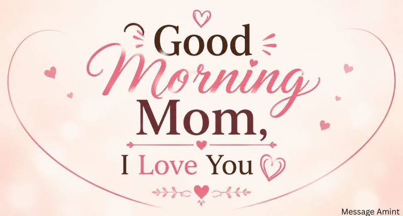 Elegant Good Morning Mom quote card featuring the heartfelt message "Good Morning Mom, I Love You" with soft pink hearts and a minimalist pastel design.