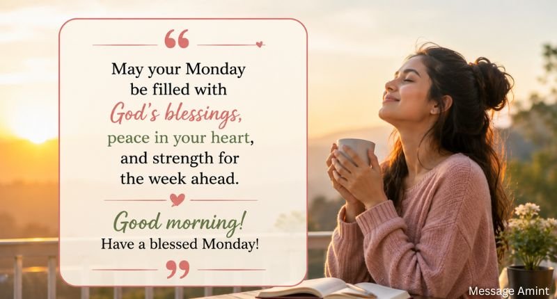 Good morning Monday blessings and prayers quote card with a peaceful girl enjoying the morning and an uplifting blessing.
