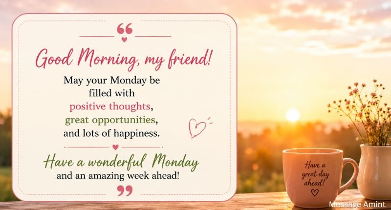 Good morning Monday wishes for friends quote card with a cozy sunrise background and a heartfelt friendship message.