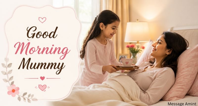 Young daughter serving tea to her mother in bed with a beautiful Good Morning Mummy message in a warm and cozy bedroom.