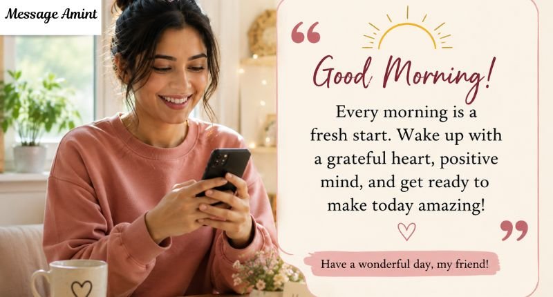 Young woman sending a good morning quote to her friend on a smartphone while enjoying a peaceful morning with coffee in a cozy home.
