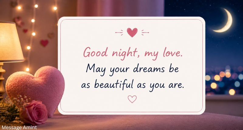 Good night message for her with a romantic quote card and cozy nighttime background