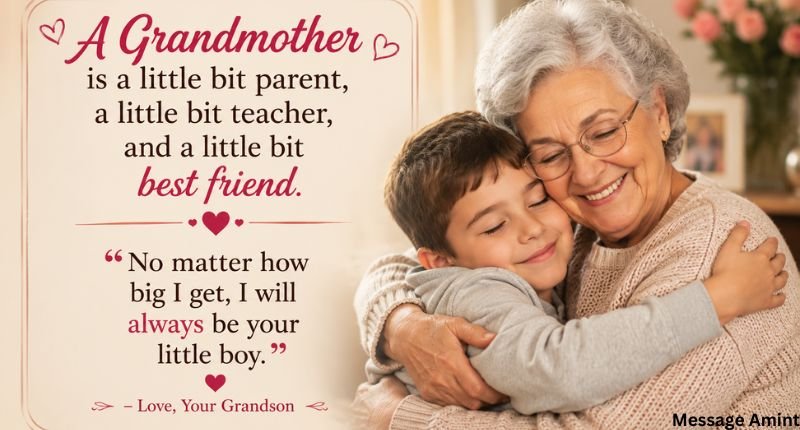 Grandmother Quote from Grandson featuring a grandson hugging his grandma with a touching love quote.