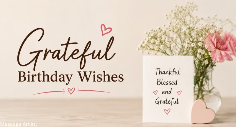 Grateful Birthday Wishes image with elegant typography, soft flowers, and a minimal birthday-themed background expressing gratitude, thankfulness, and birthday blessings.