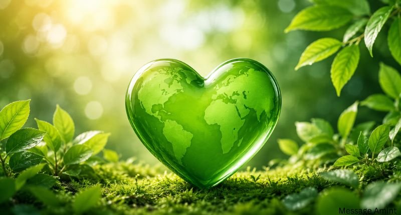 Green heart surrounded by lush plants and leaves symbolizing nature, sustainability, and environmental care.