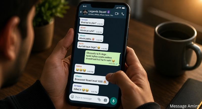 Good roasts that hurt displayed in a mobile group chat with friends sending funny roast messages and laughing reactions