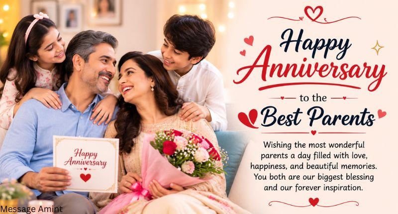 Anniversary Wishes for Parents from Daughter image featuring a smiling daughter celebrating her parents' wedding anniversary with a heartfelt card in a warm family setting.