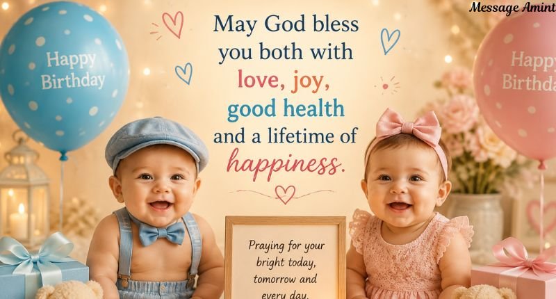 Twin babies surrounded by birthday gifts, balloons, and soft decorations with a heartfelt blessing and prayer for happiness, health, and love.