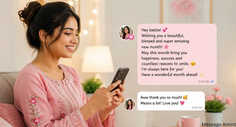 Happy New Month Messages for Female Friends image showing a girl sending warm new month wishes to her female friend through a mobile chat in a cozy home setting.