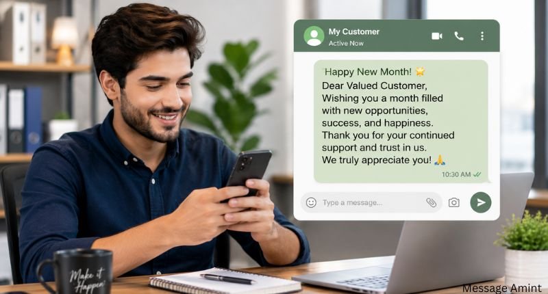 **Alt Text (SEO Optimized):**
**Happy New Month Messages for My Customers** showing a business owner sending a warm new month message to a valued customer through a smartphone chat in a modern office.