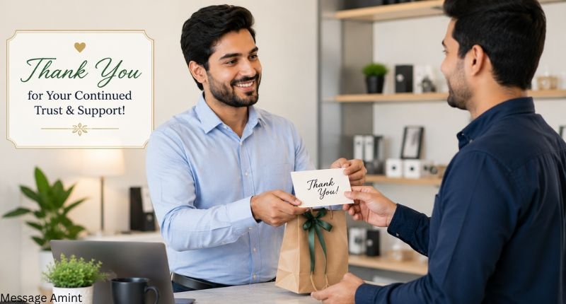Monthly Appreciation Messages for Long-Term Customers showing a business owner giving a thank-you card and gift bag to a loyal customer as a gesture of appreciation.