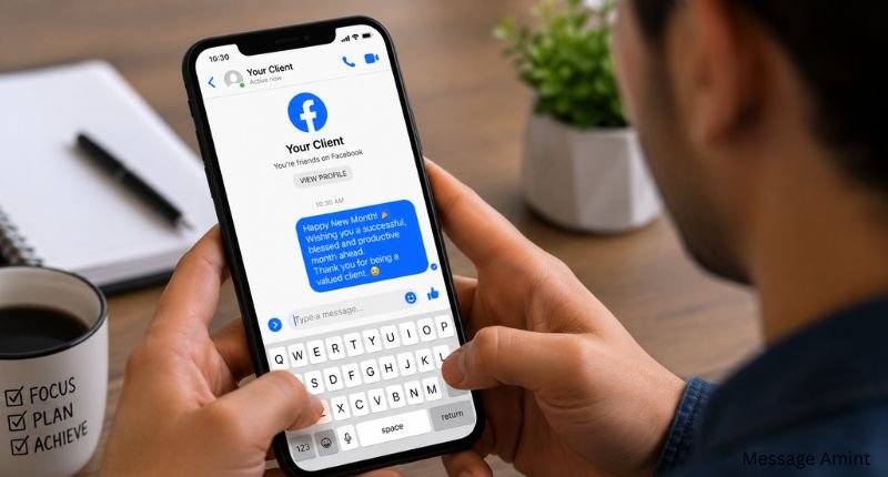 Happy New Month Messages to Clients displayed in a Facebook Messenger chat as a business owner sends warm new month wishes to a valued client using a smartphone.