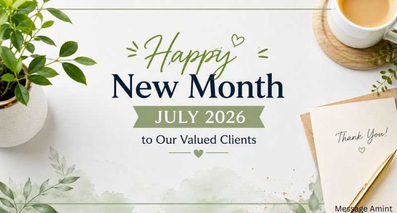 **Alt Text (SEO Optimized):**
**Happy New Month July 2026 Messages to Clients** quote card with a professional greeting, elegant green floral design, and an appreciation message for valued business clients.