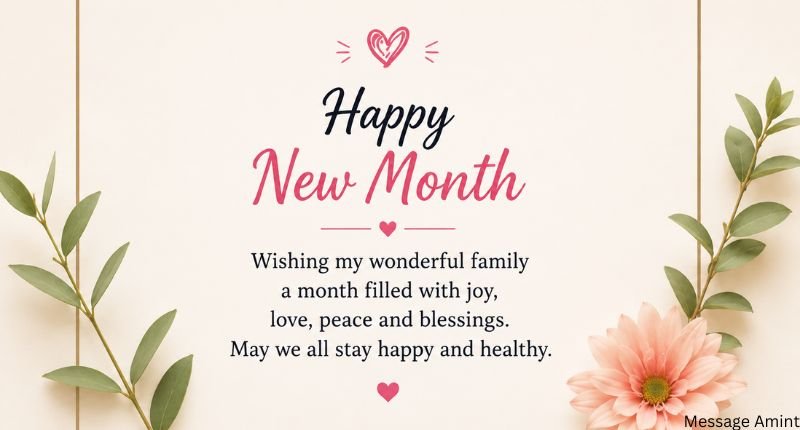 Happy New Month Messages for Family quote card featuring a heartfelt family blessing with elegant floral accents on a soft pastel background.