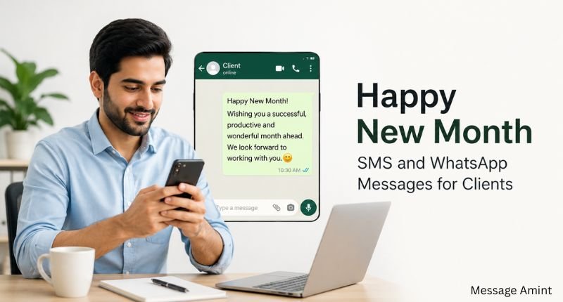 Happy New Month SMS and WhatsApp messages for clients on a smartphone.