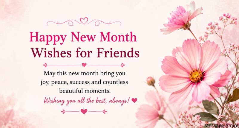 **Alt Text:**
**Happy New Month Wishes for Friends quote card featuring beautiful pink flowers and a heartfelt new month blessing on a soft pastel background.**