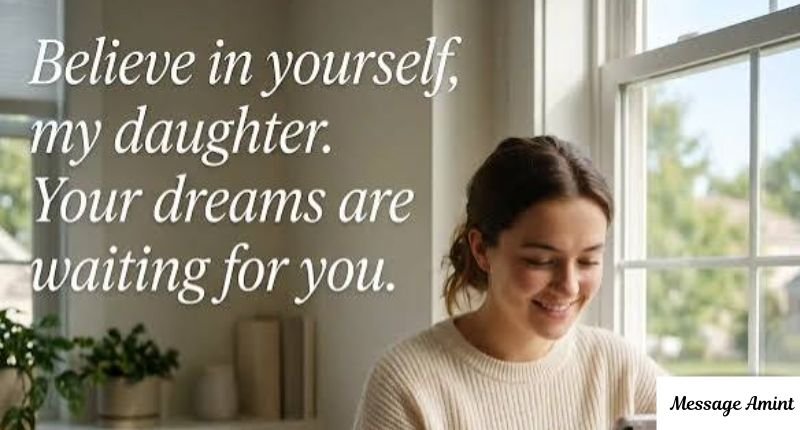 A smiling young woman sitting near a window, featuring a heart touching good morning quote for daughter that reads: Believe in yourself, my daughter. Your dreams are waiting for you.