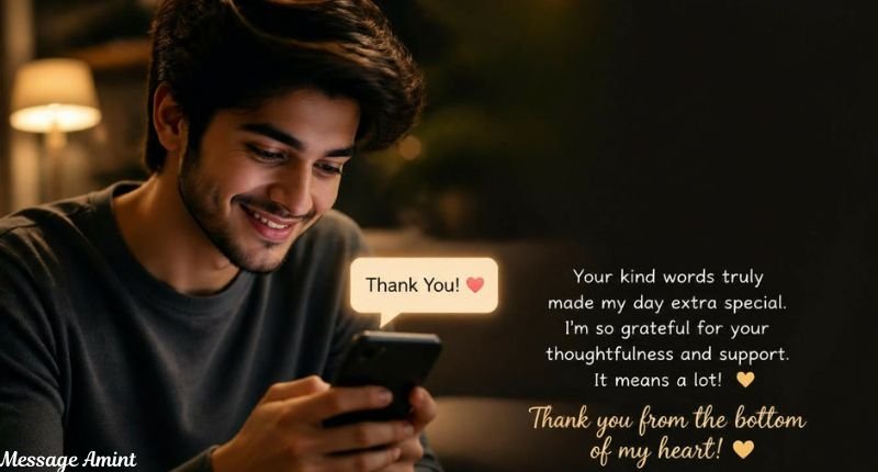 A smiling young man looking at his smartphone while sending a heartfelt thank you message. The image features a warm, cozy background with the text expressing gratitude for congratulations and support, creating a thoughtful and appreciative atmosphere.