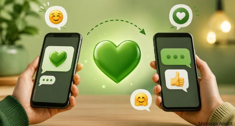 Smartphones exchanging green heart emoji with positive reactions, showing friendly and supportive responses.