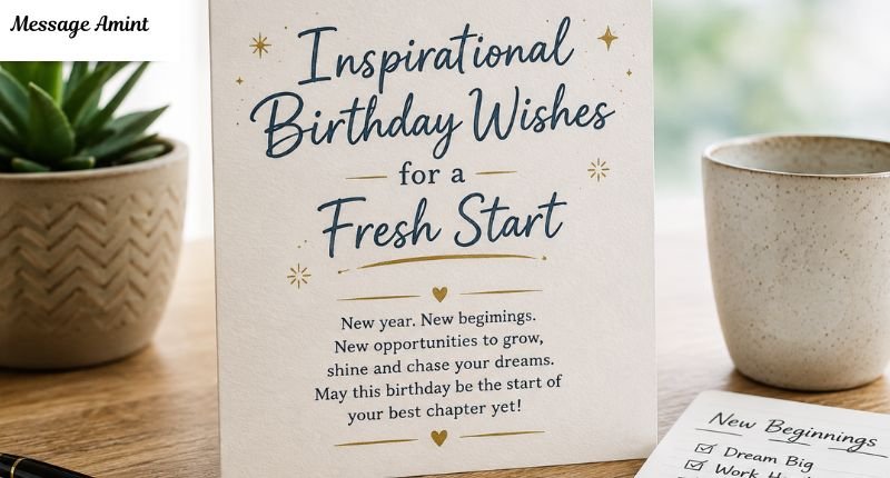 Inspirational Birthday Wishes for a Fresh Start greeting card on a wooden desk with a notebook, coffee mug, pen, and plant symbolizing new beginnings.