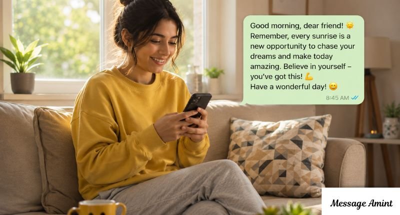 Young woman sending an inspirational good morning message to her friend on a smartphone while relaxing in a cozy sunlit living room.