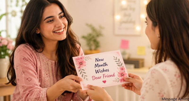 Inspirational new month messages for friends image showing a girl giving her friend a greeting card that reads “New Month Wishes Dear Friend” in a warm and cheerful setting.
